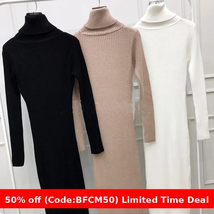 Flytonnshop business casual outfits Turtleneck Knitted Dress Autumn and Winter Inner Slim-Fit Belt over-the-Knee Bottoming Sheath One-Step Skirt Casual Women's Clothing