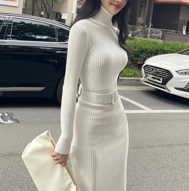 Flytonnshop business casual outfits Turtleneck Knitted Dress Autumn and Winter Inner Slim-Fit Belt over-the-Knee Bottoming Sheath One-Step Skirt Casual Women's Clothing