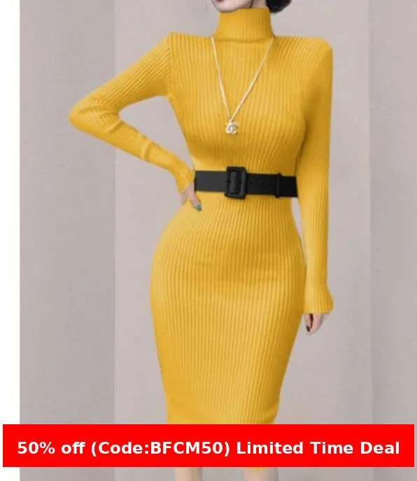 Flytonnshop business casual outfits Turtleneck Knitted Dress Autumn and Winter Inner Slim-Fit Belt over-the-Knee Bottoming Sheath One-Step Skirt Casual Women's Clothing