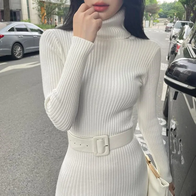 Flytonnshop business casual outfits Turtleneck Knitted Dress Autumn and Winter Inner Slim-Fit Belt over-the-Knee Bottoming Sheath One-Step Skirt Casual Women's Clothing