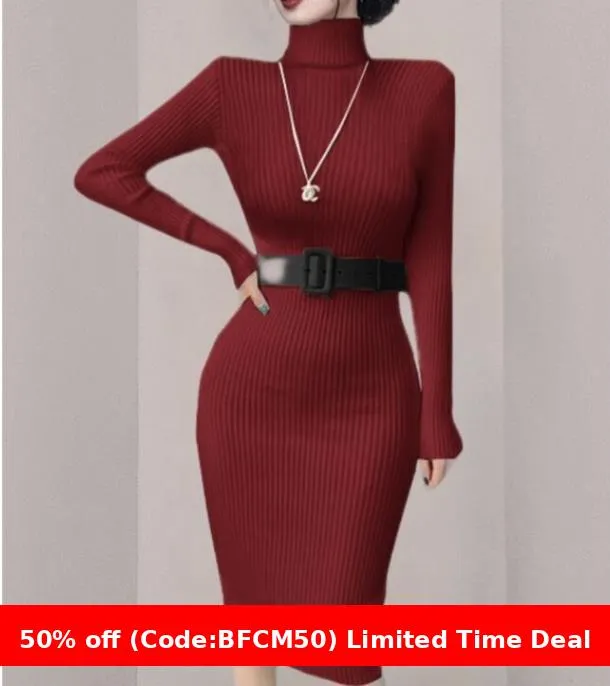 Flytonnshop business casual outfits Turtleneck Knitted Dress Autumn and Winter Inner Slim-Fit Belt over-the-Knee Bottoming Sheath One-Step Skirt Casual Women's Clothing