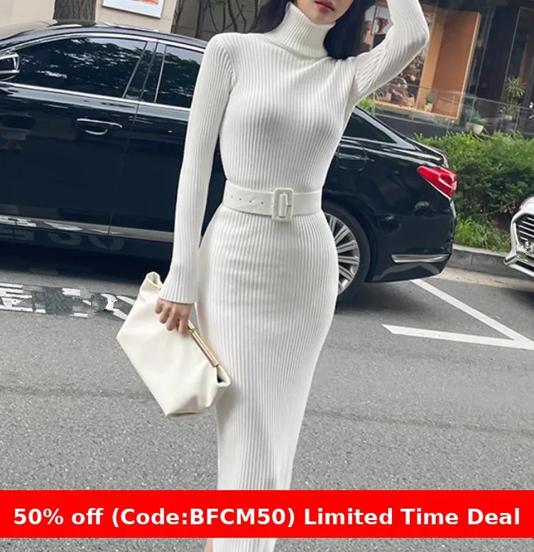 Flytonnshop business casual outfits Turtleneck Knitted Dress Autumn and Winter Inner Slim-Fit Belt over-the-Knee Bottoming Sheath One-Step Skirt Casual Women's Clothing