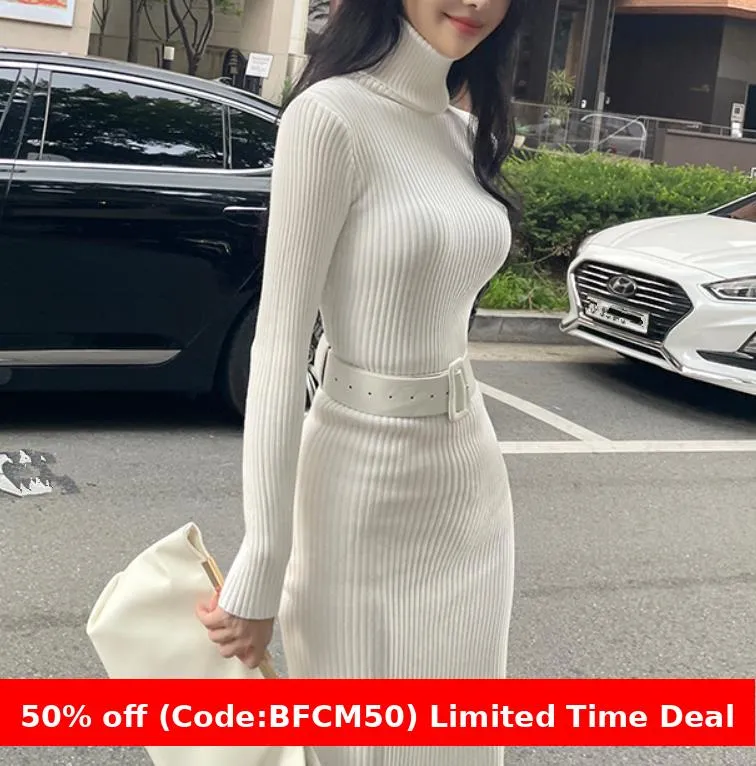 Flytonnshop business casual outfits Turtleneck Knitted Dress Autumn and Winter Inner Slim-Fit Belt over-the-Knee Bottoming Sheath One-Step Skirt Casual Women's Clothing