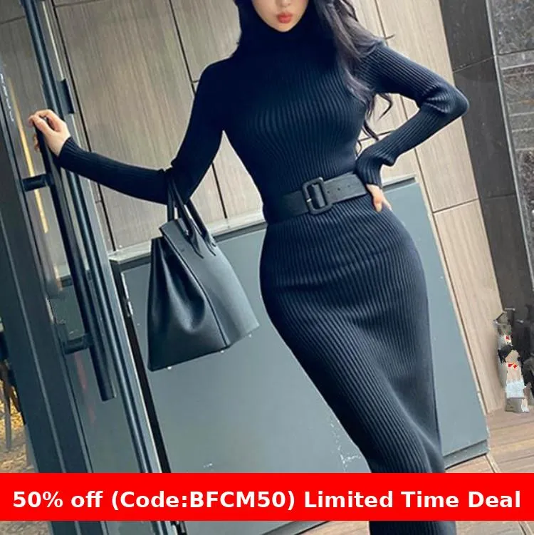 Flytonnshop business casual outfits Turtleneck Knitted Dress Autumn and Winter Inner Slim-Fit Belt over-the-Knee Bottoming Sheath One-Step Skirt Casual Women's Clothing