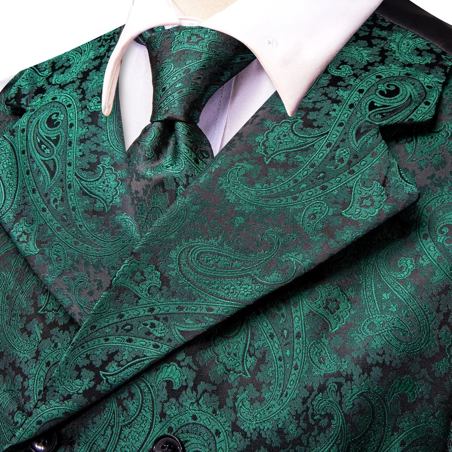 ForestGreen Paisley Jacquard Silk Men's Vest Hanky Cufflinks Tie Set