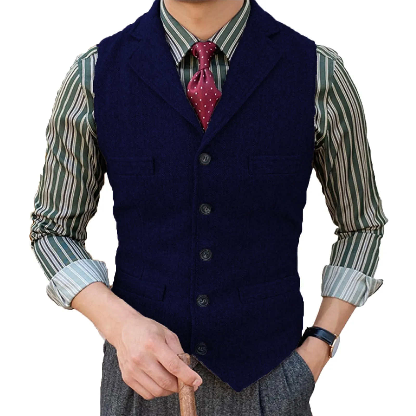 Formal Men's Suit Vest Herringbone Notch Lapel Waistcoat