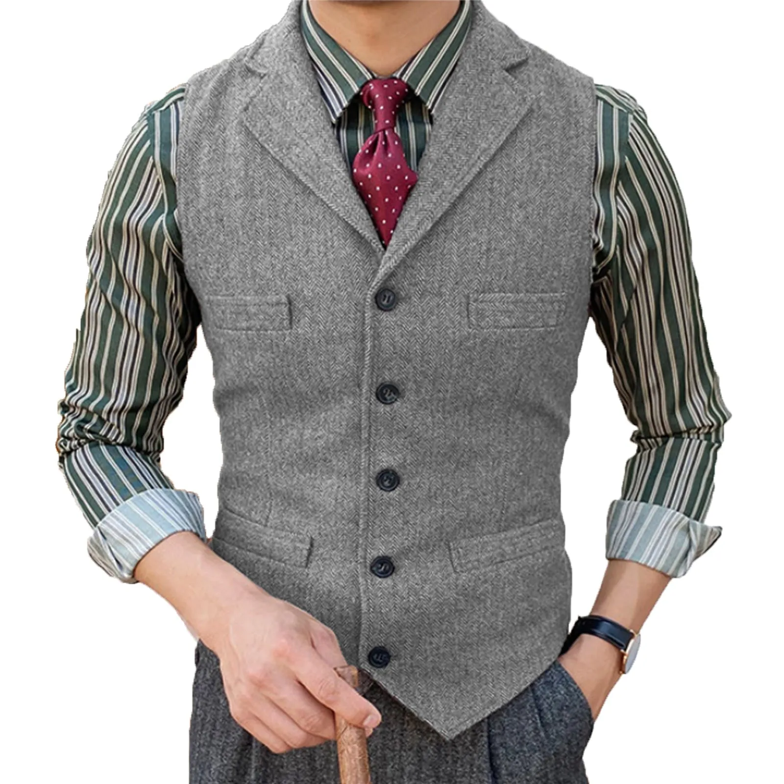 Formal Men's Suit Vest Herringbone Notch Lapel Waistcoat