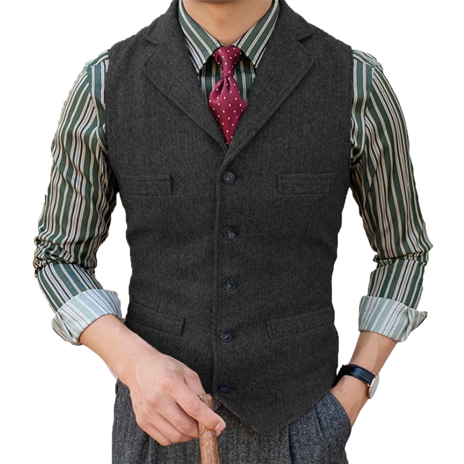 Formal Men's Suit Vest Herringbone Notch Lapel Waistcoat