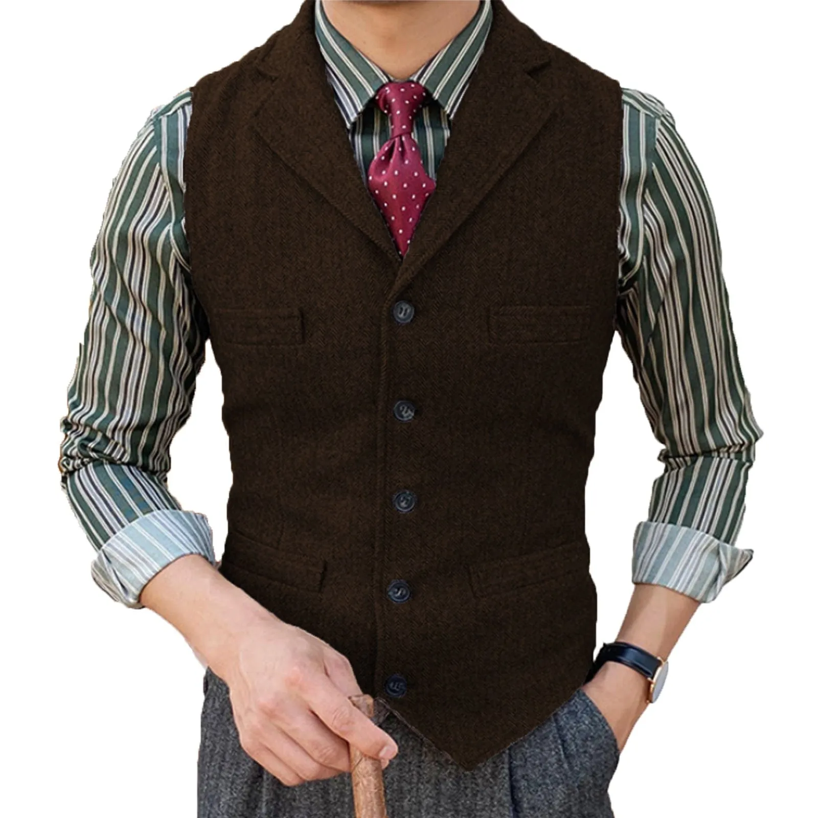 Formal Men's Suit Vest Herringbone Notch Lapel Waistcoat