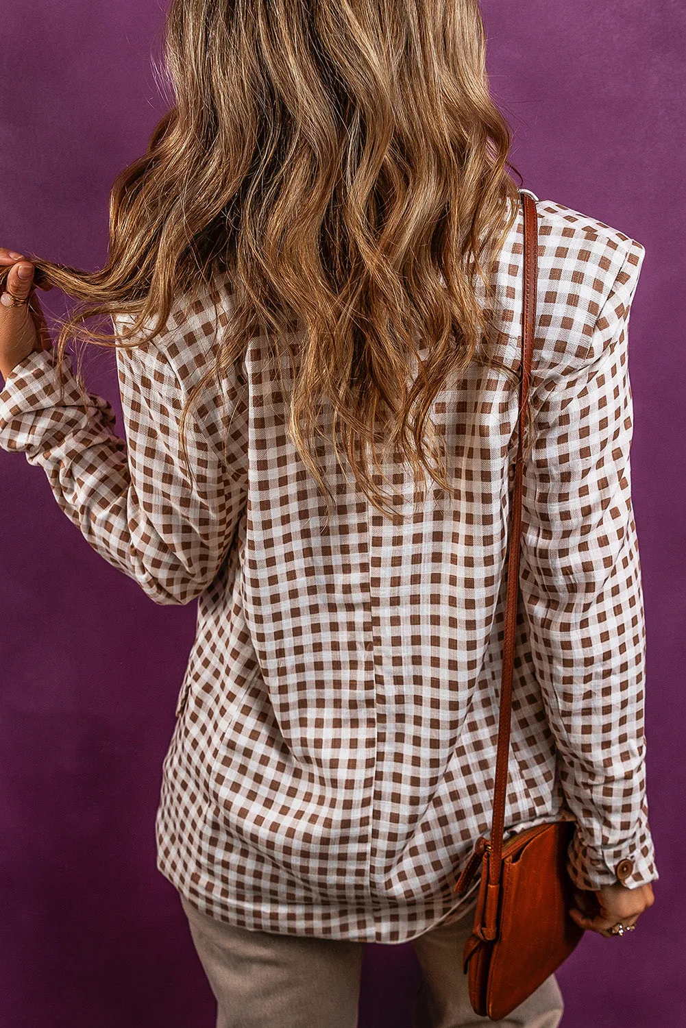 Gingham Lapel Collar Buttoned Blazer