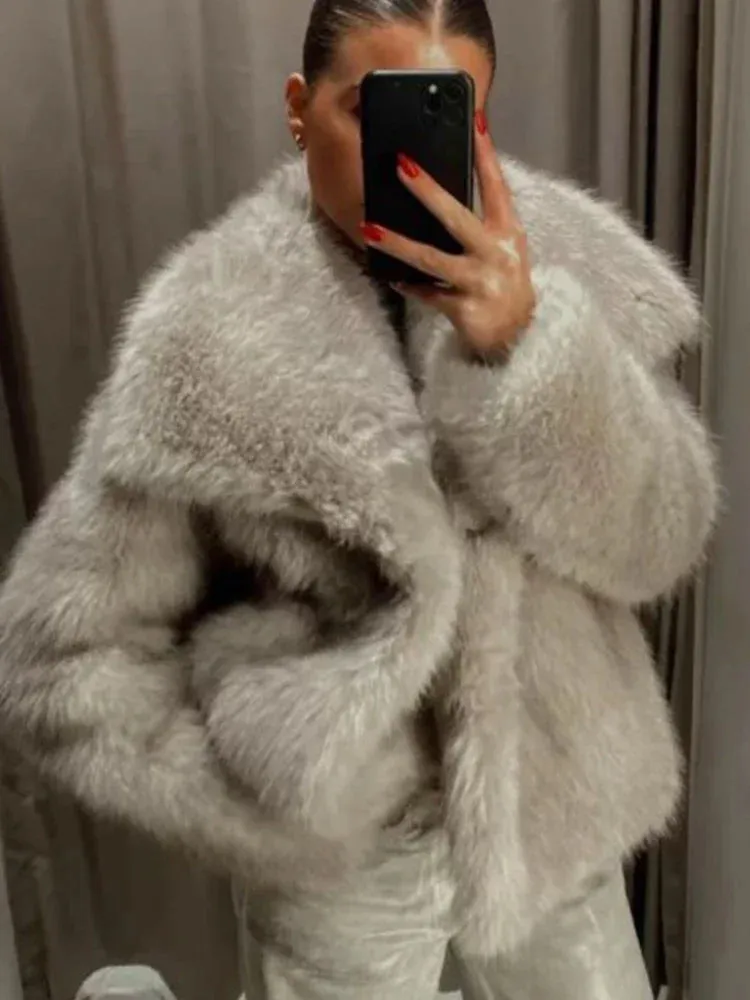 Girlary Warm Fluffy Faux Fur Jacket Coat Women Loose Long Sleeve V-neck Female Cardigan 2024 Winter Fashion Lady Overcoat Streetwear