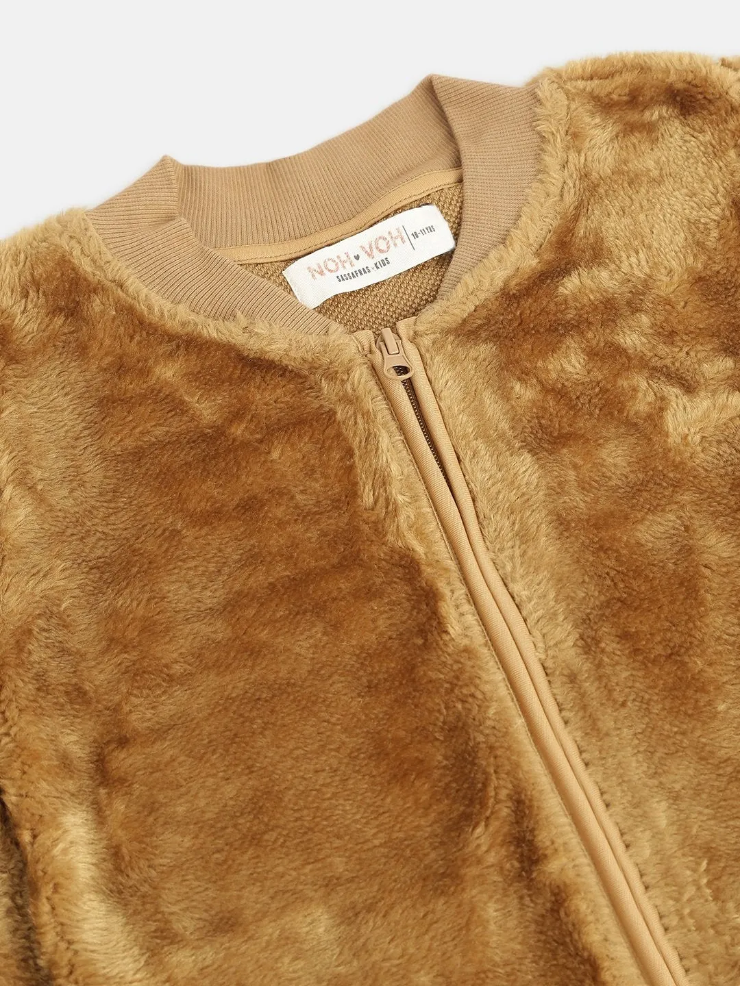 Girls Brown Fur Front Zipper Jacket