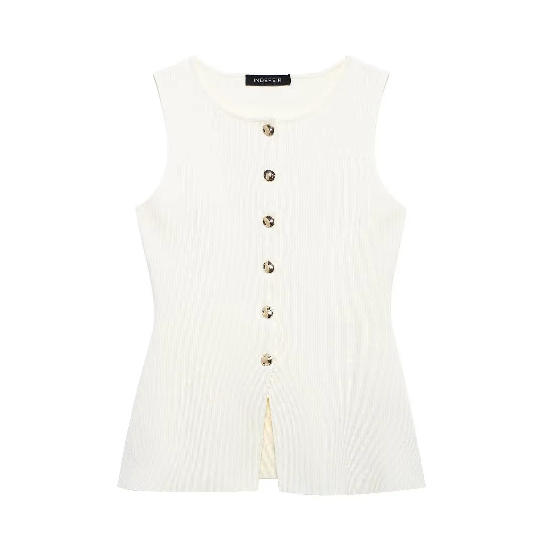 Golden Button Plain Stitch Vest