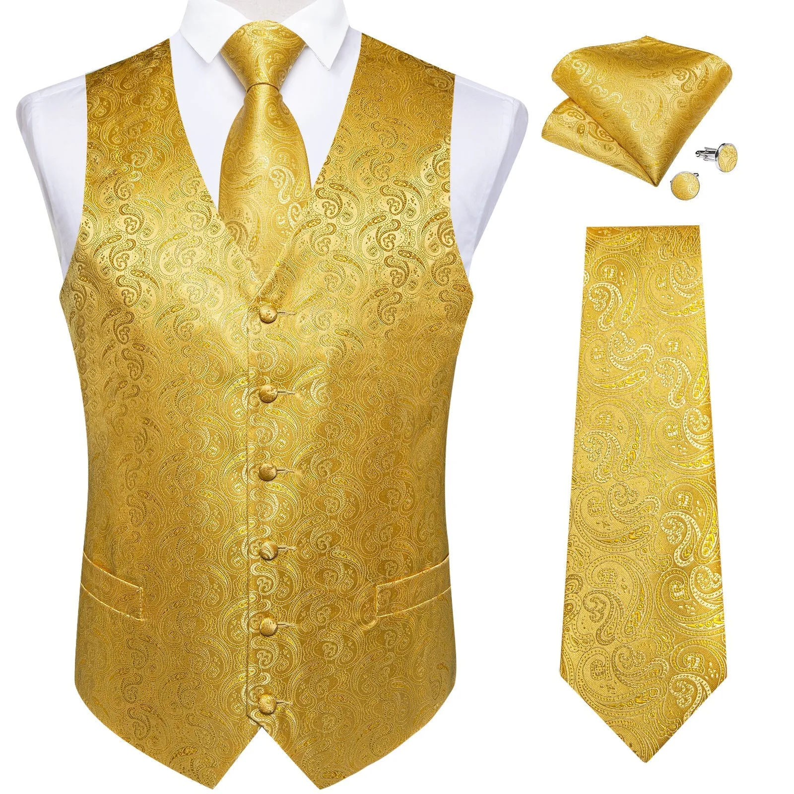 Golden Yellow Paisley Jacquard Silk Men's Vest Hanky Cufflinks Tie Set