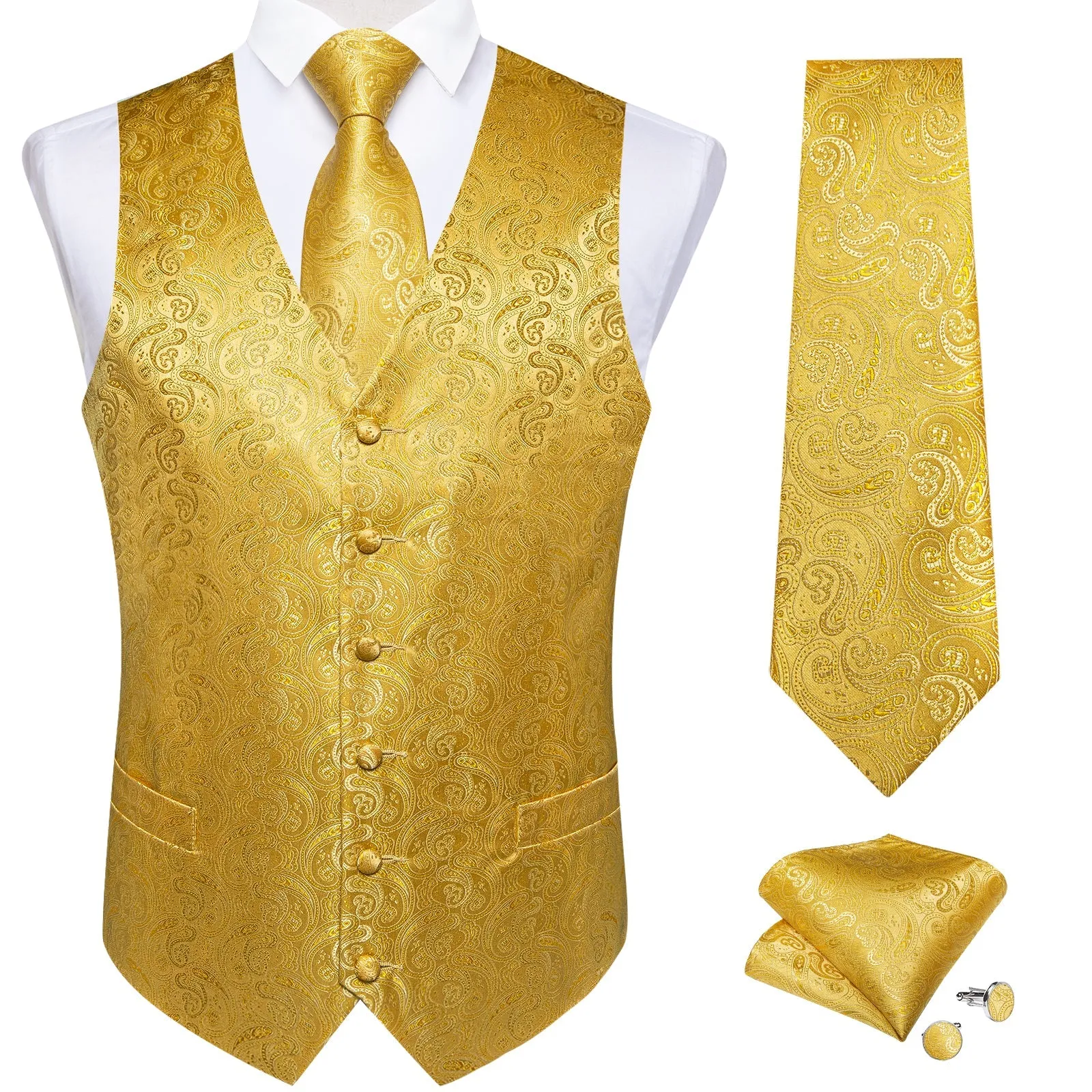 Golden Yellow Paisley Jacquard Silk Men's Vest Hanky Cufflinks Tie Set