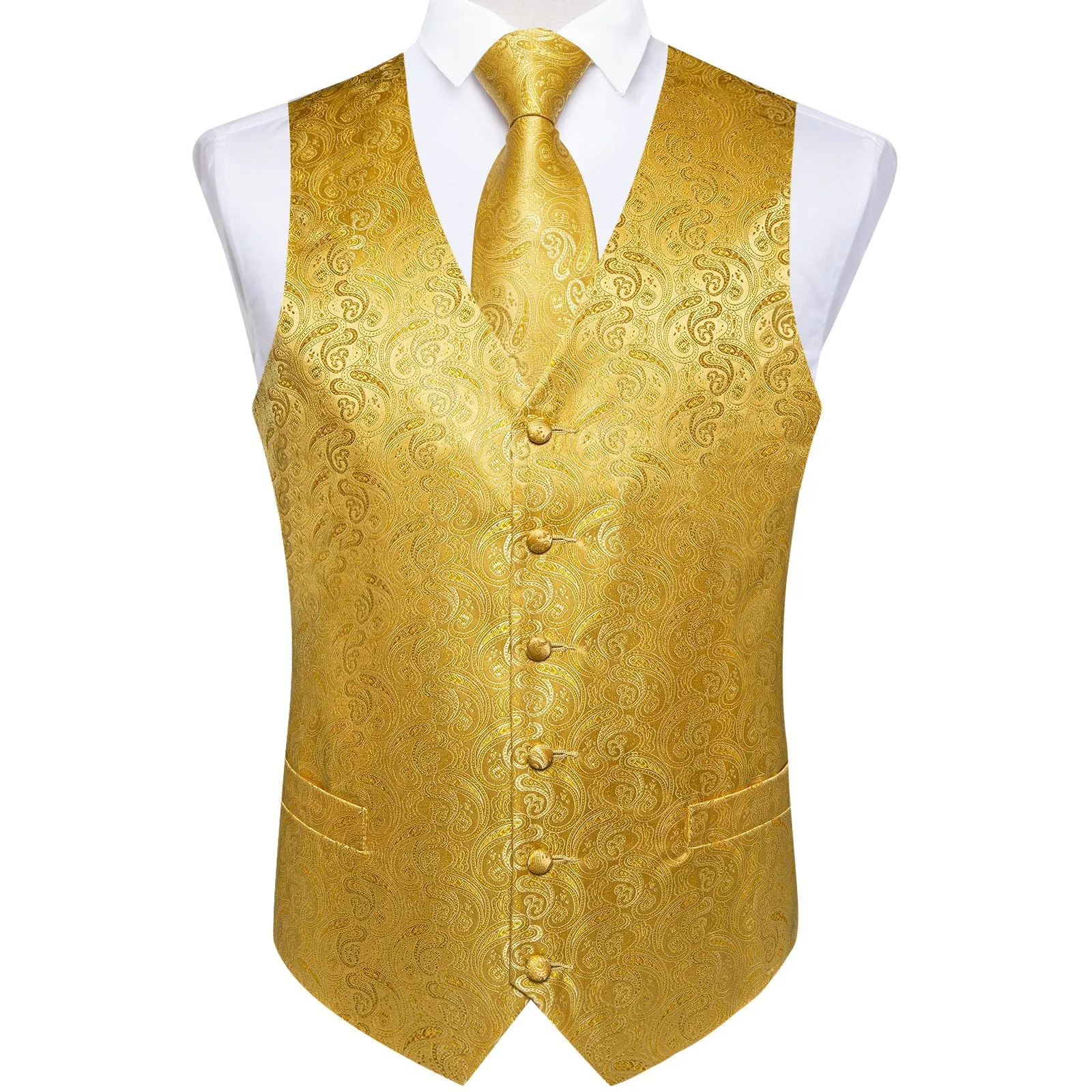 Golden Yellow Paisley Jacquard Silk Men's Vest Hanky Cufflinks Tie Set