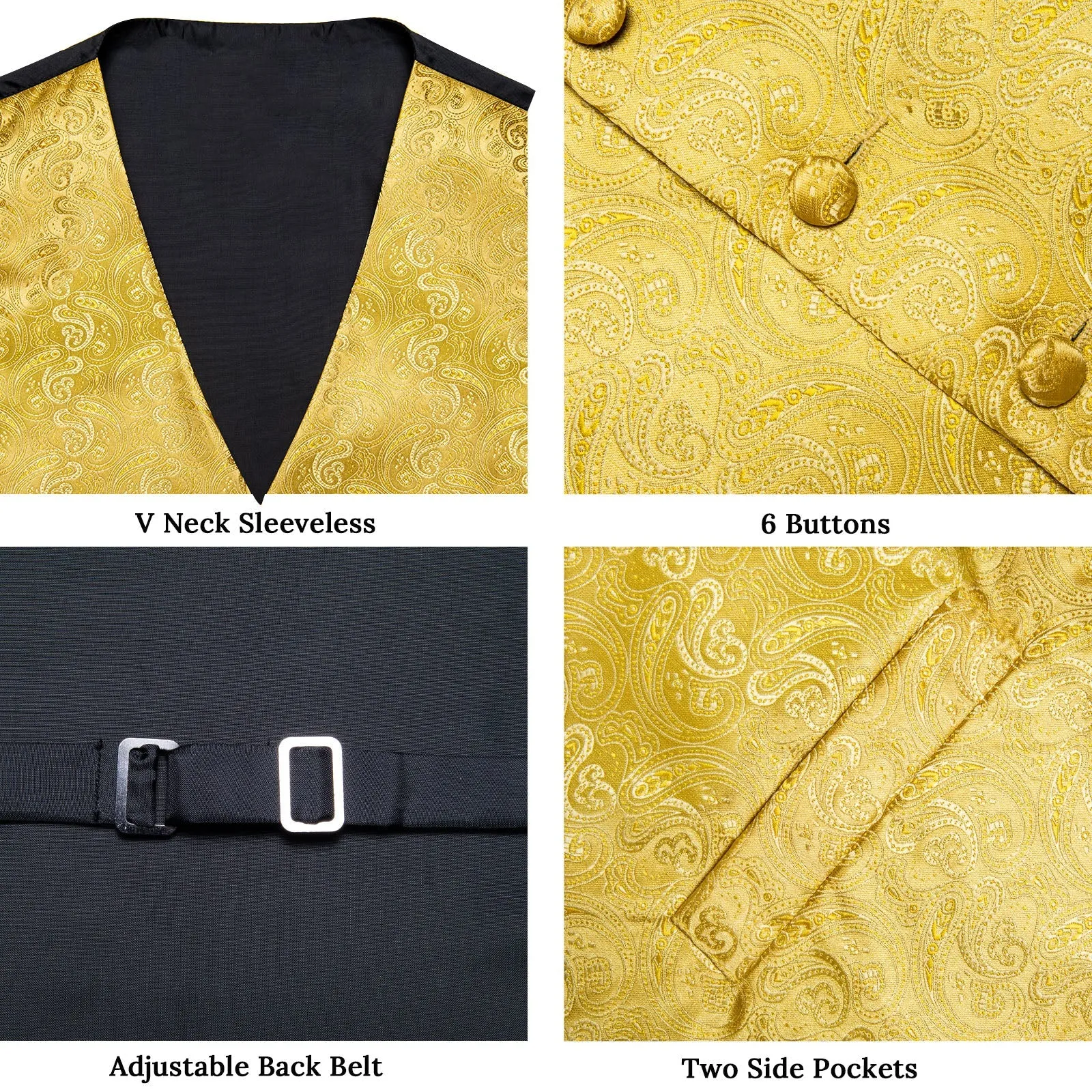 Golden Yellow Paisley Jacquard Silk Men's Vest Hanky Cufflinks Tie Set