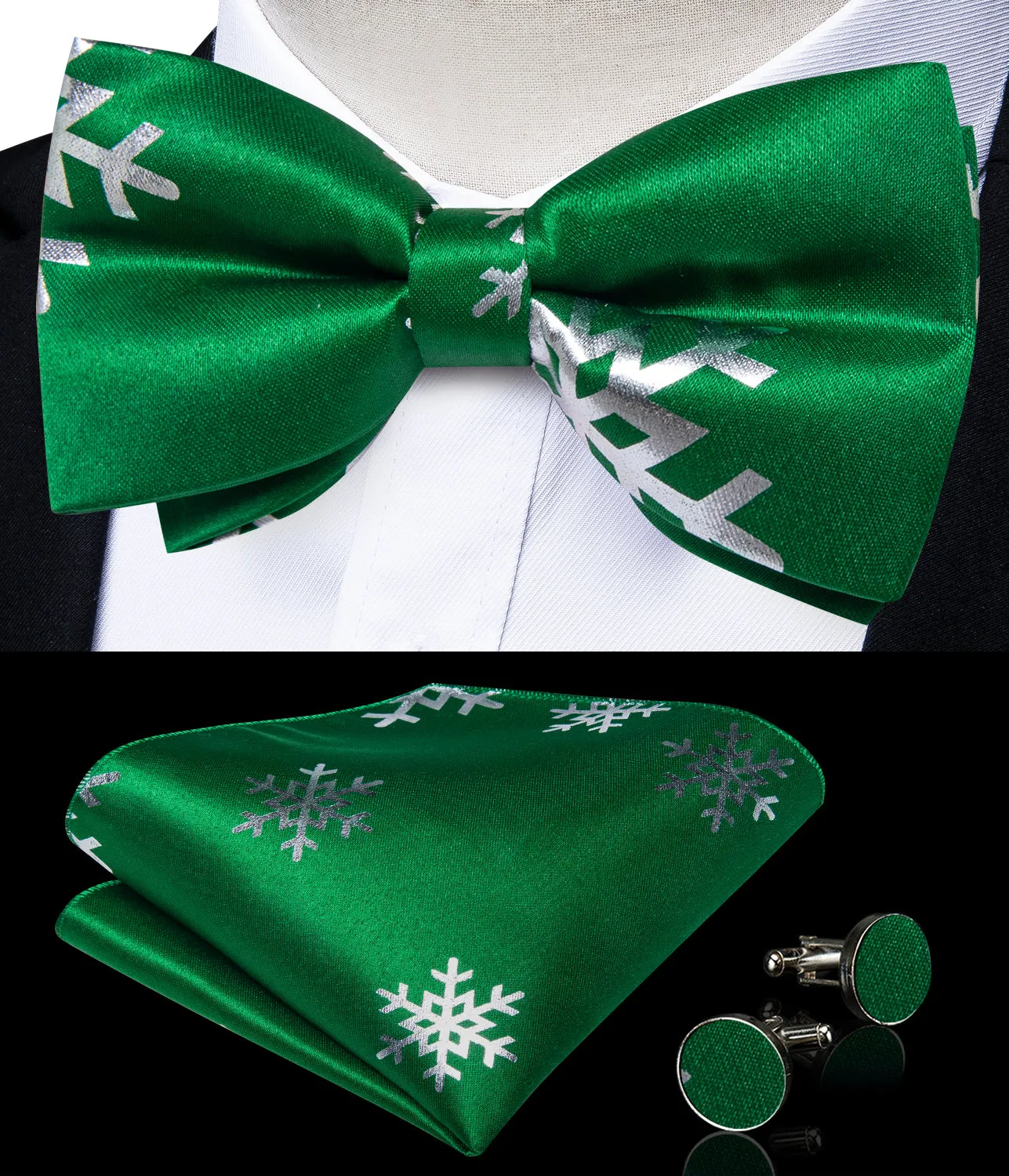 Green Sliver Christmas Snowflake Novelty Silk Men's Vest Bow Tie Handkerchief Cufflinks Set