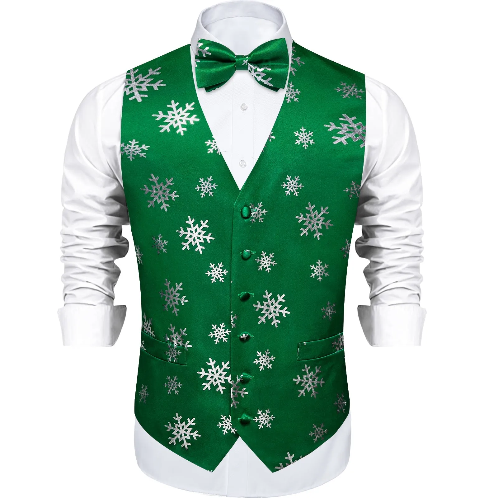 Green Sliver Christmas Snowflake Novelty Silk Men's Vest Bow Tie Handkerchief Cufflinks Set