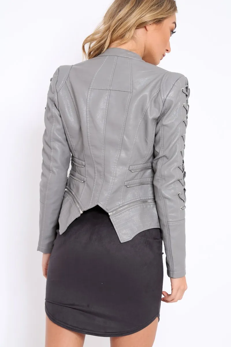 Grey Lace Up Detail Biker Jacket - Moana