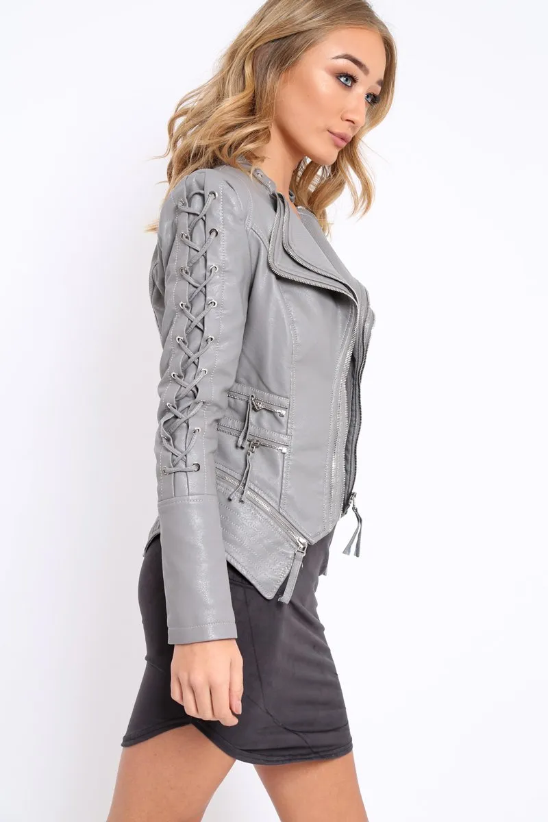 Grey Lace Up Detail Biker Jacket - Moana