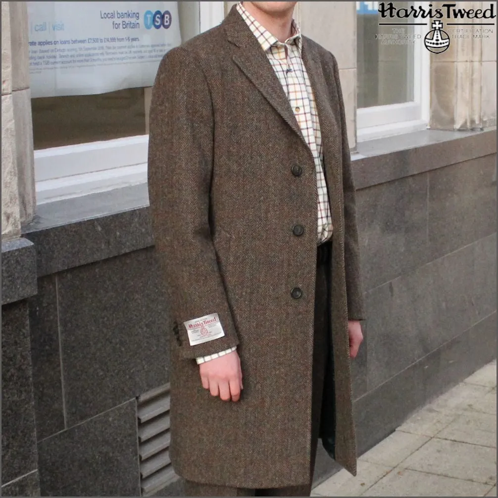 Harris Tweed Brown Herringbone Overcoat--