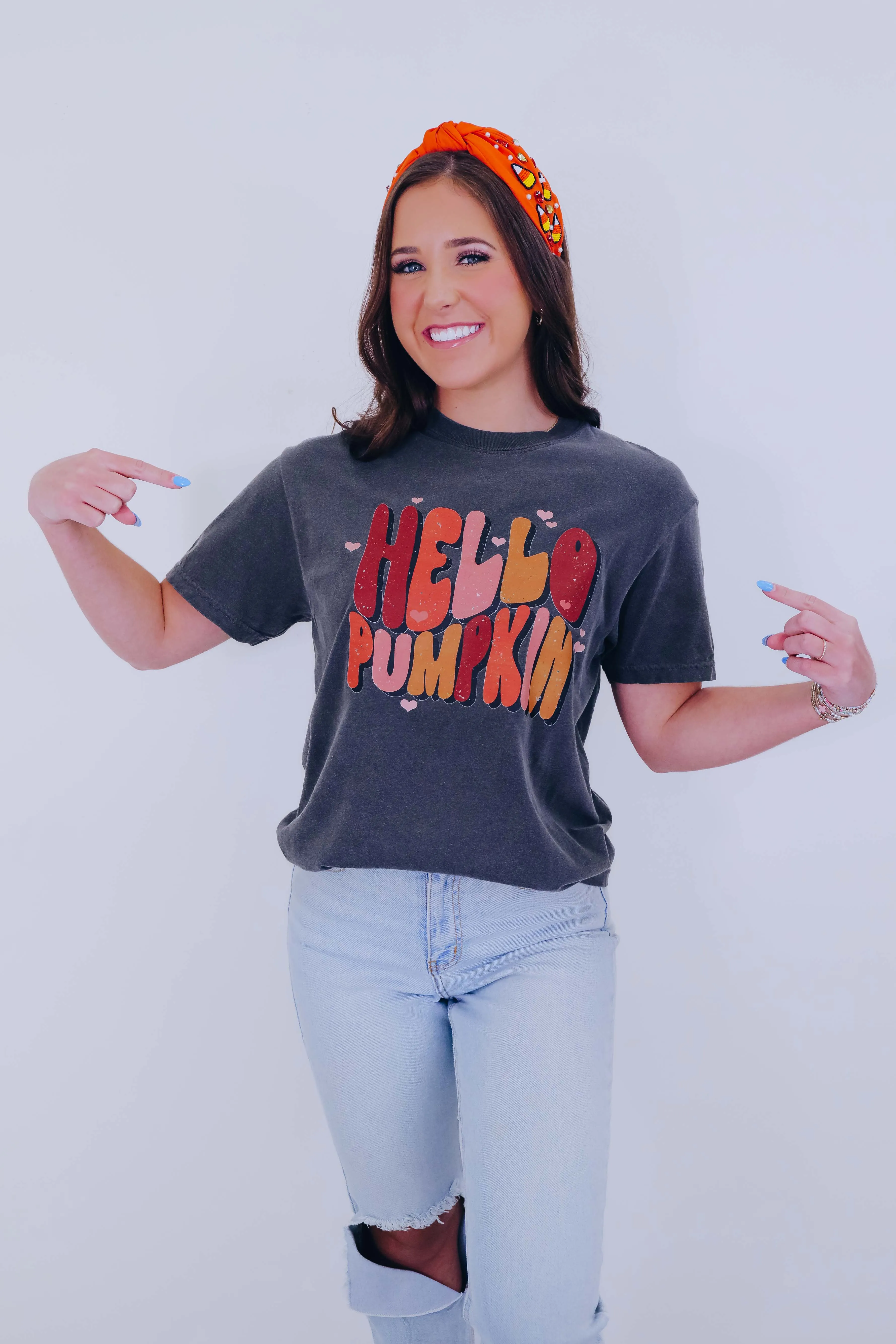 Heart "Hello Pumpkin" Graphic Tee S-3X - Charcoal