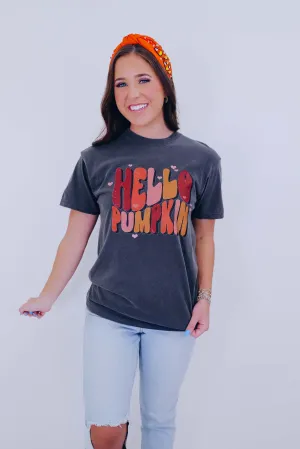 Heart "Hello Pumpkin" Graphic Tee S-3X - Charcoal