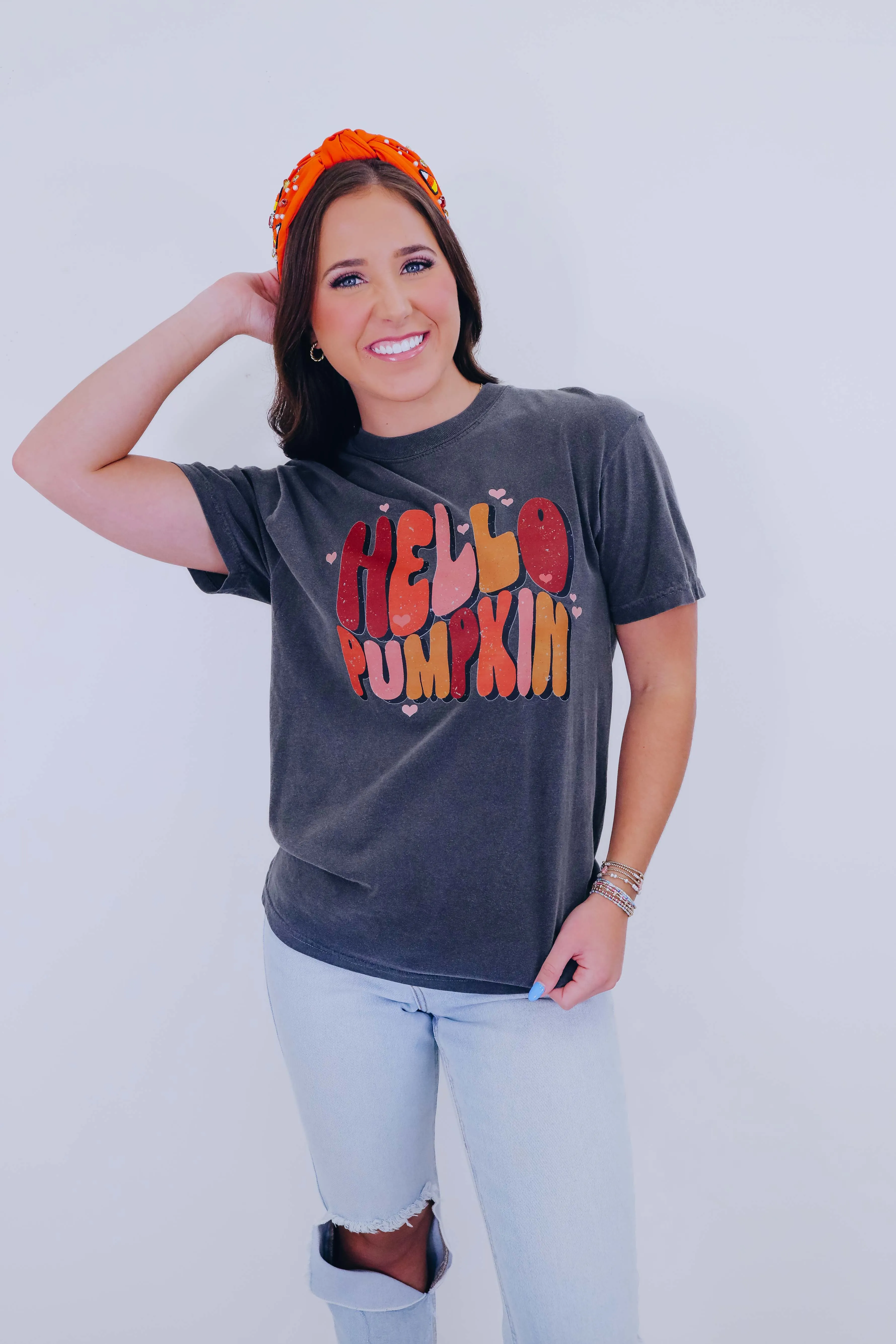 Heart "Hello Pumpkin" Graphic Tee S-3X - Charcoal