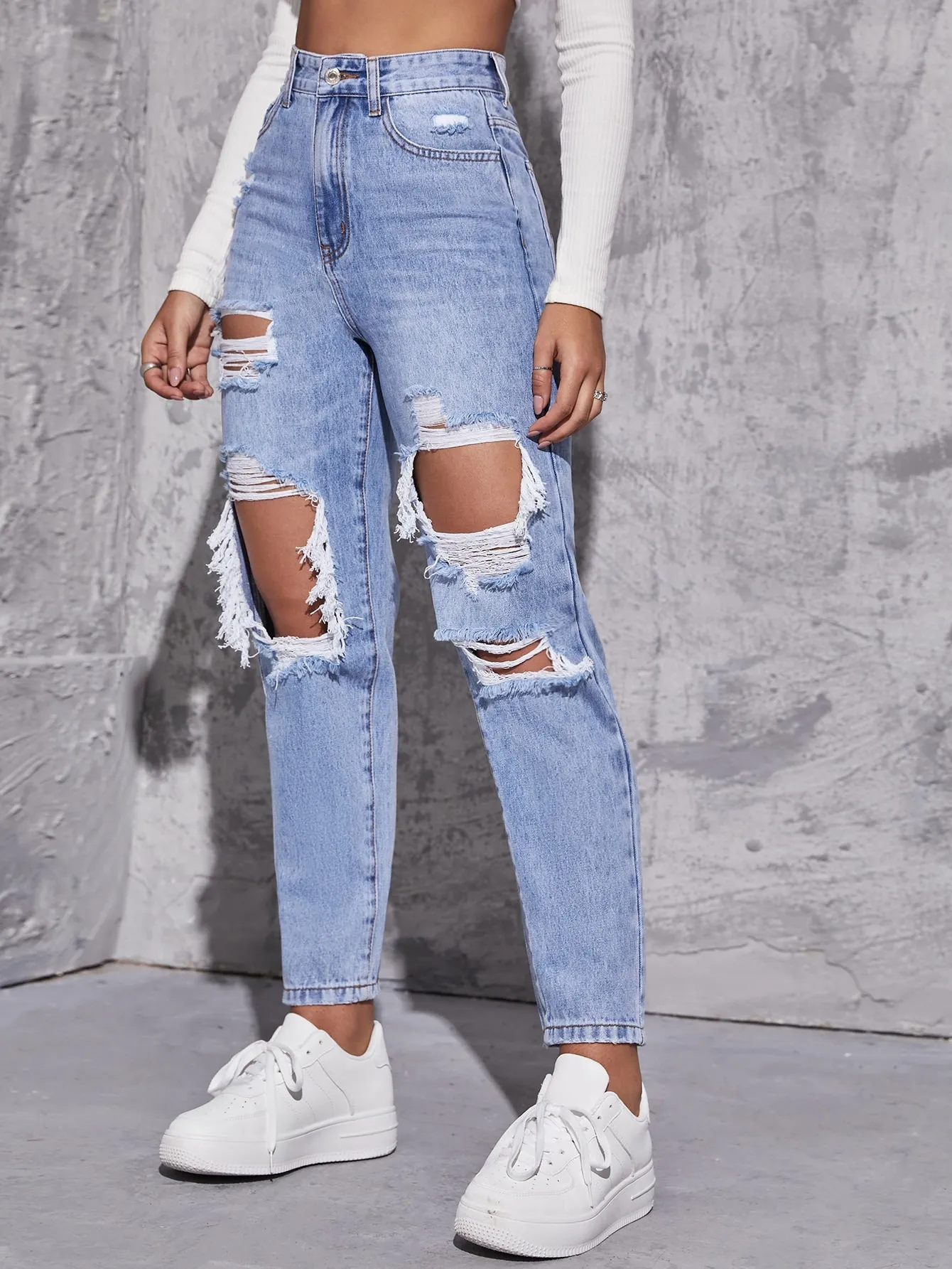 High Waist Straight Leg Ripped Jeans