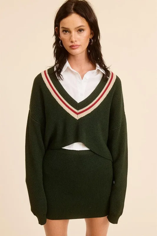 Hunter Green Preppy Two-Piece Contrast Stripe Knit Set