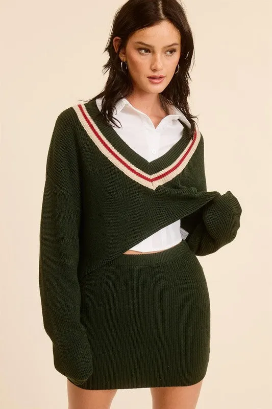 Hunter Green Preppy Two-Piece Contrast Stripe Knit Set