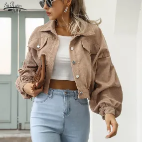 Jackets for Women Lantern Sleeve Cropped Bomber Jacket Overcoat Outwear Fashion Spring Vintage Corduroy Autumn Winter Coat