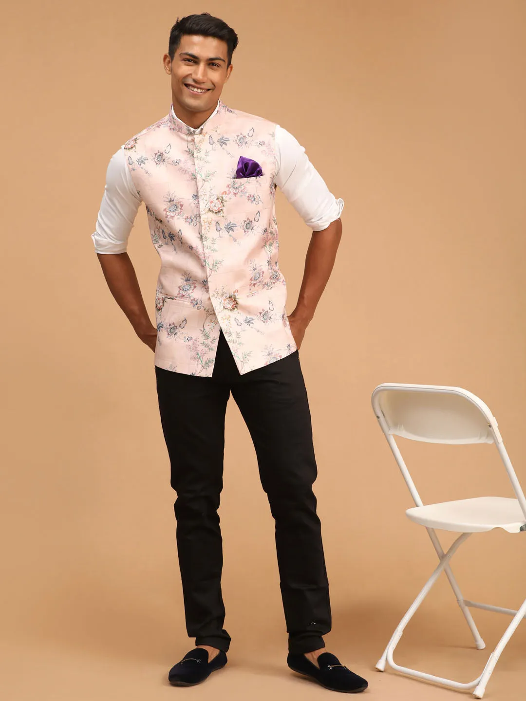 Jashvi Light Pink Floral Printed Nehru Jacket