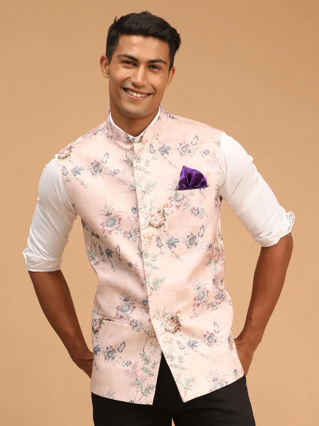 Jashvi Light Pink Floral Printed Nehru Jacket