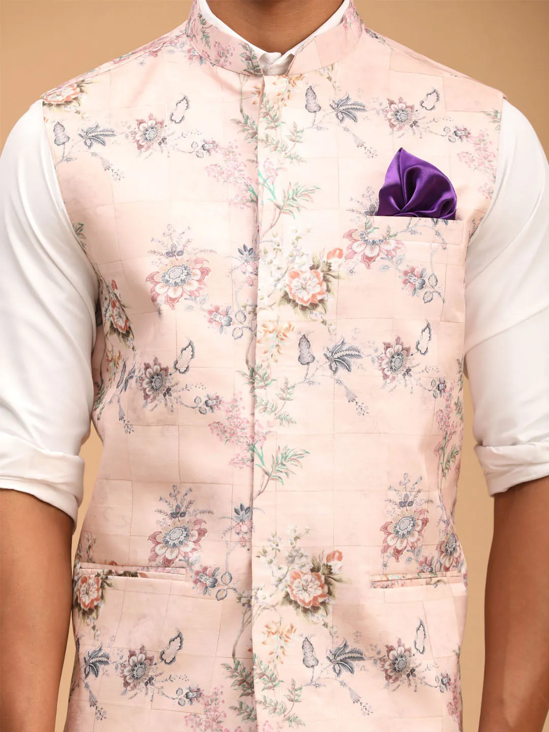 Jashvi Light Pink Floral Printed Nehru Jacket