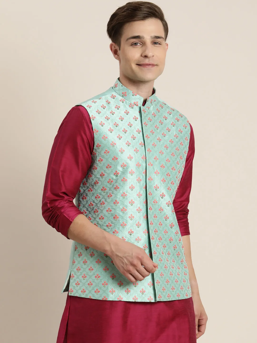 Jashvi Men's Green Embroidered Ethnic Jacket