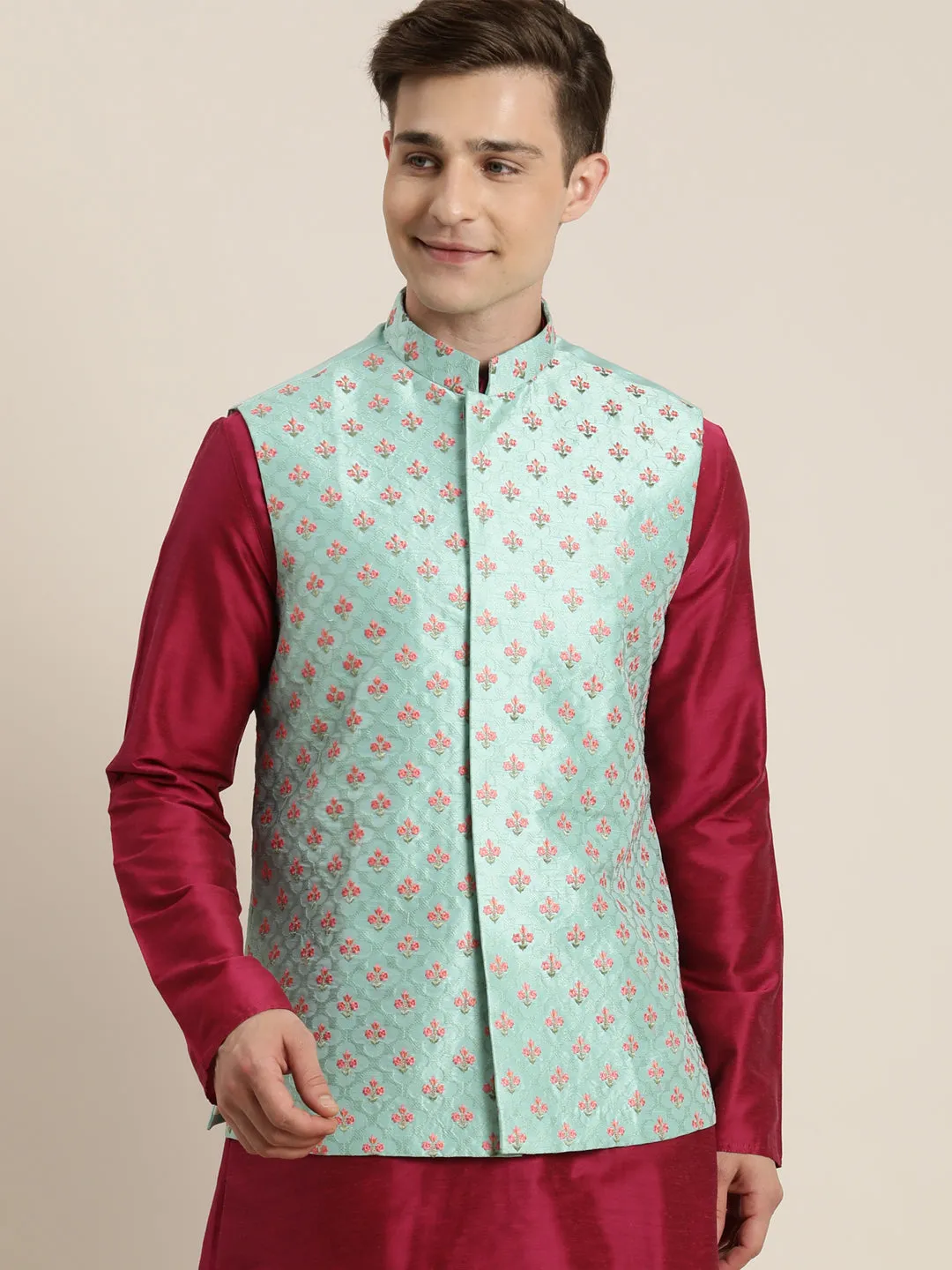 Jashvi Men's Green Embroidered Ethnic Jacket