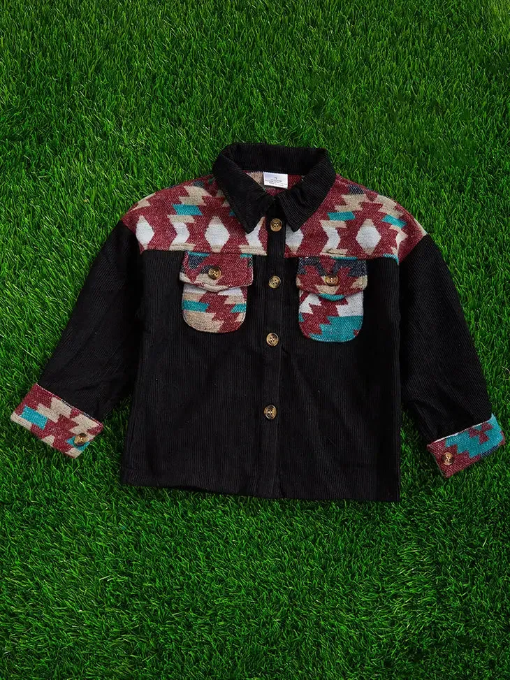 Kids Maroon Aztec Printed Plaid Shoulder/ Curdoroy Shacket