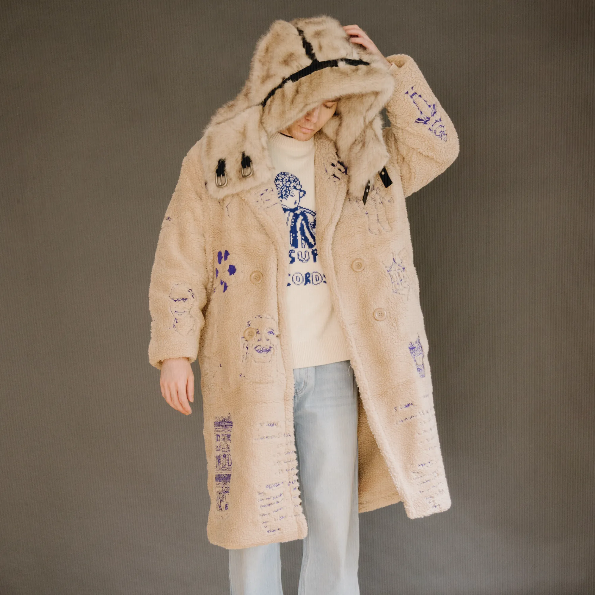 Kidsuper Embroidered Sherpa Fleece Overcoat Cream