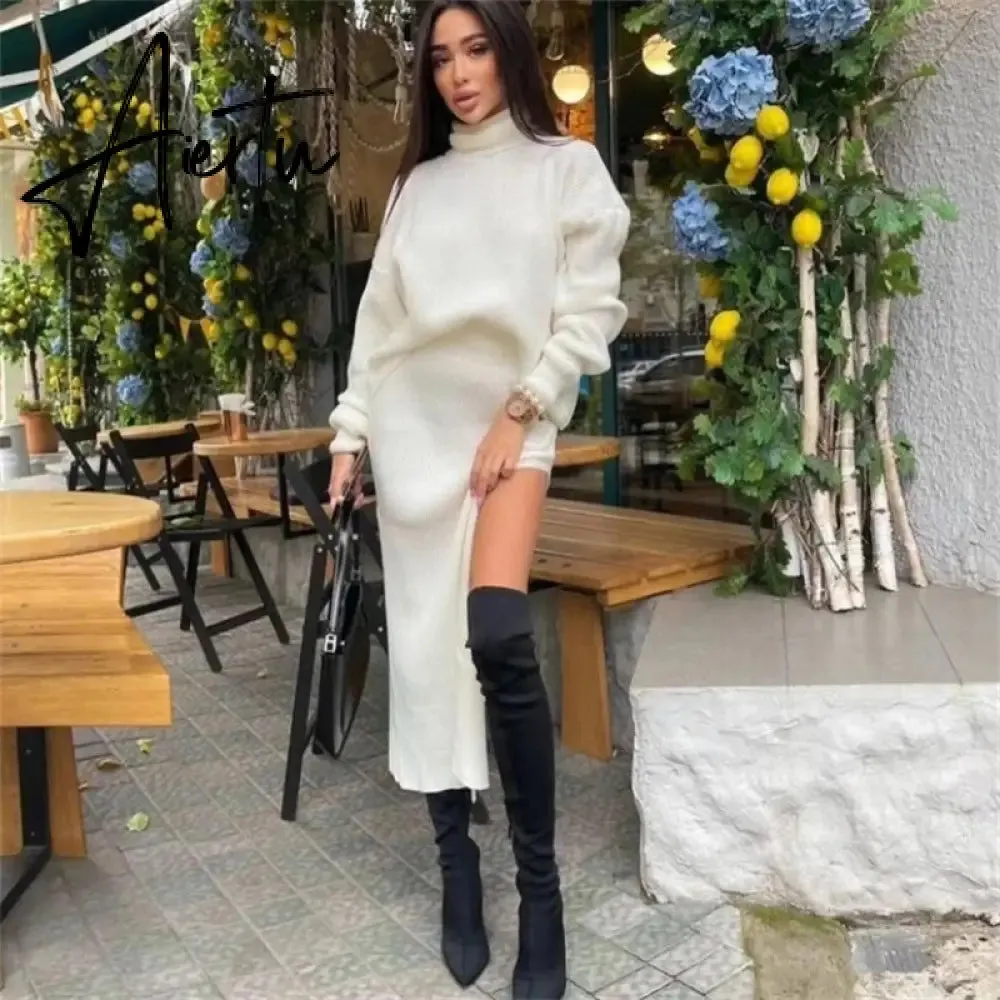 Knit Two Piece Sets Womens Outfits Casual Autumn Winter Turtleneck Sweater And Midi Skirt Sets Ladies Matching Sets