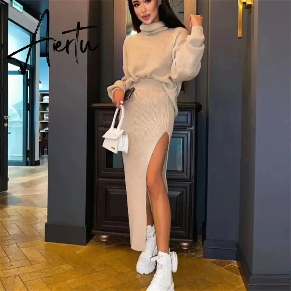 Knit Two Piece Sets Womens Outfits Casual Autumn Winter Turtleneck Sweater And Midi Skirt Sets Ladies Matching Sets