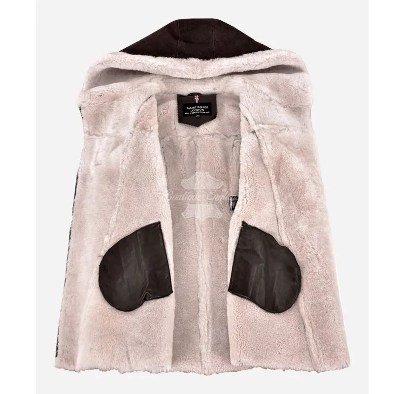 Ladies Hooded Sheepskin Jacket Long 3/4 Length with Real Shearling Fur Lining