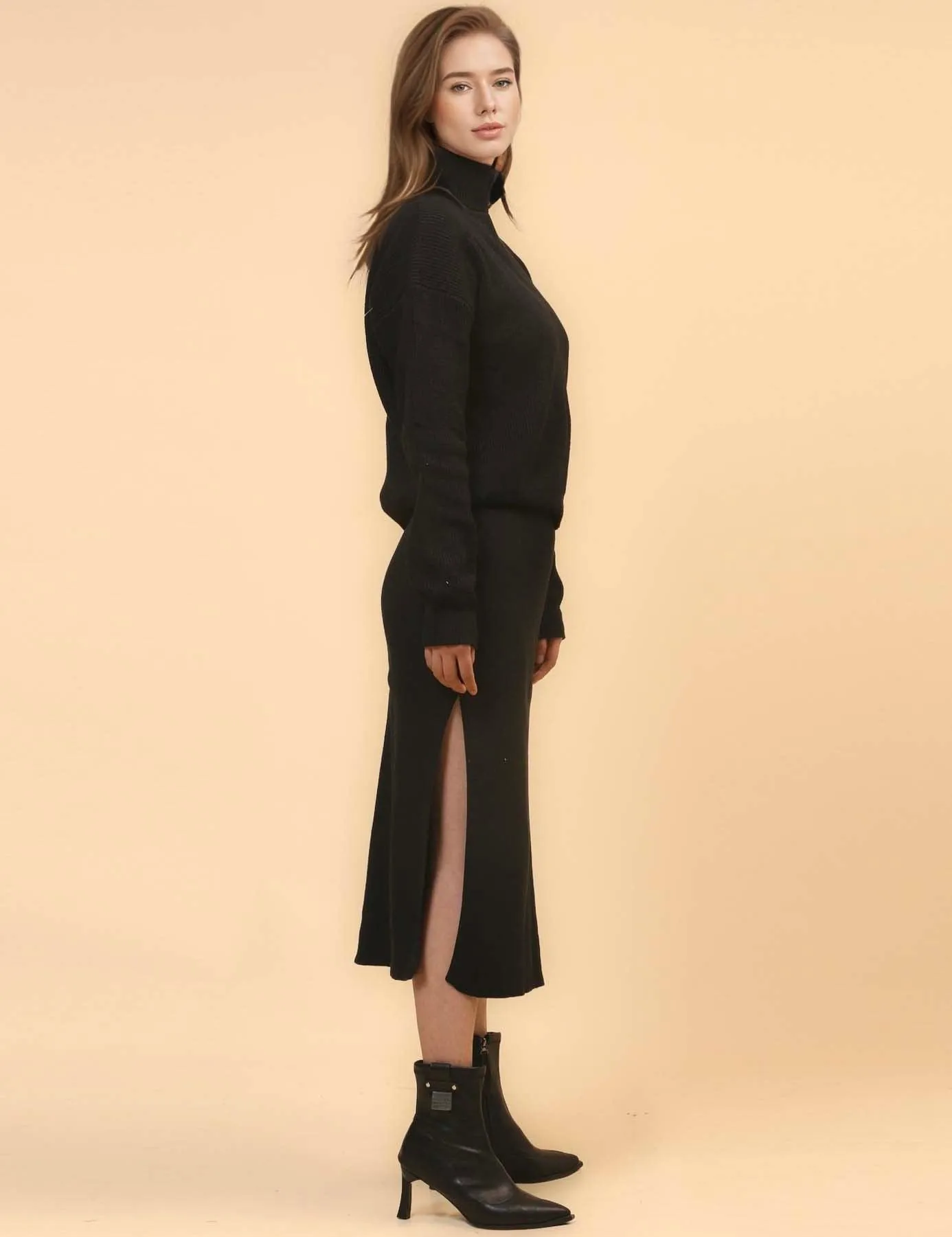 Ladies Turtleneck Pullover with Split Skirt Sweater Set SKST4706