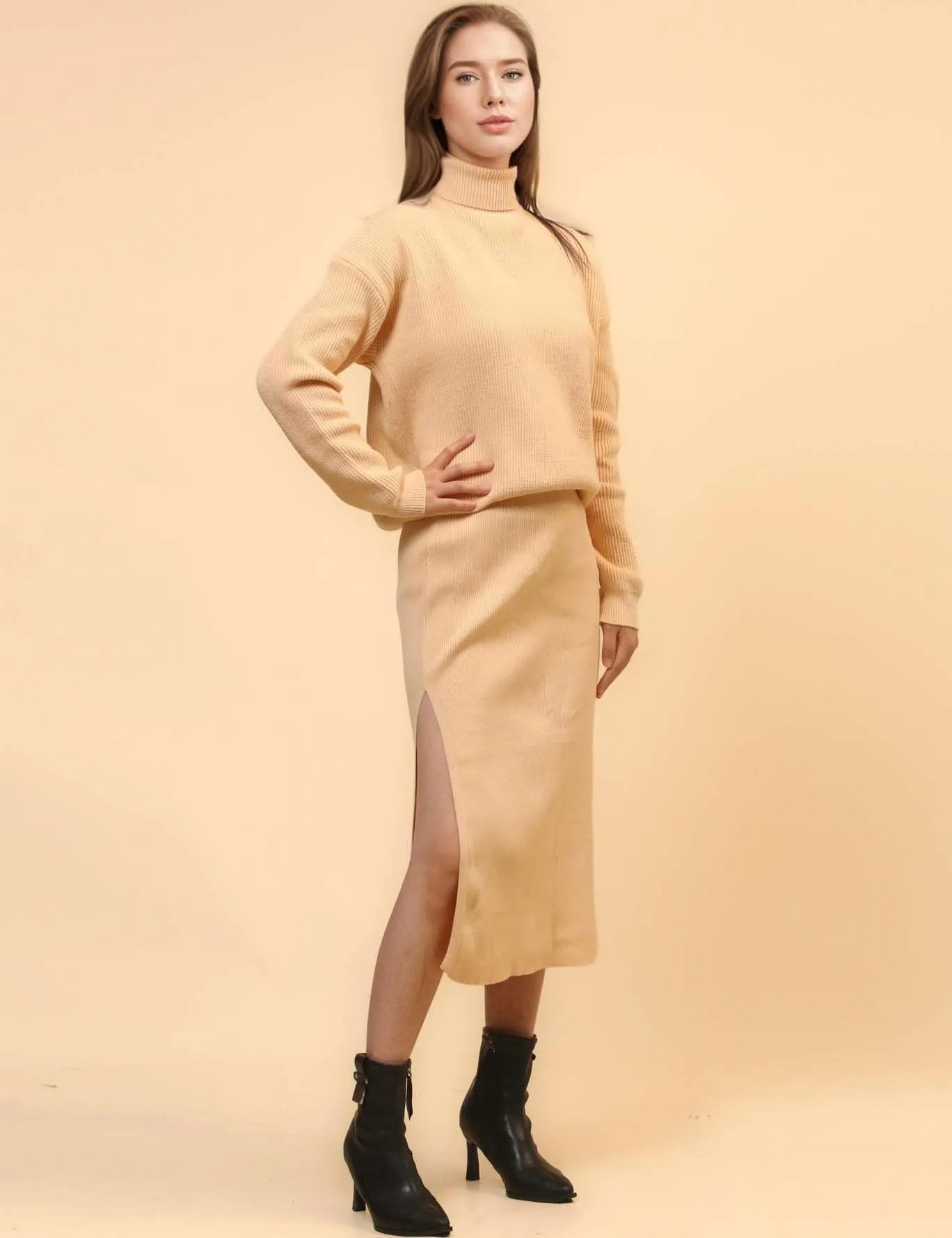 Ladies Turtleneck Pullover with Split Skirt Sweater Set SKST4706