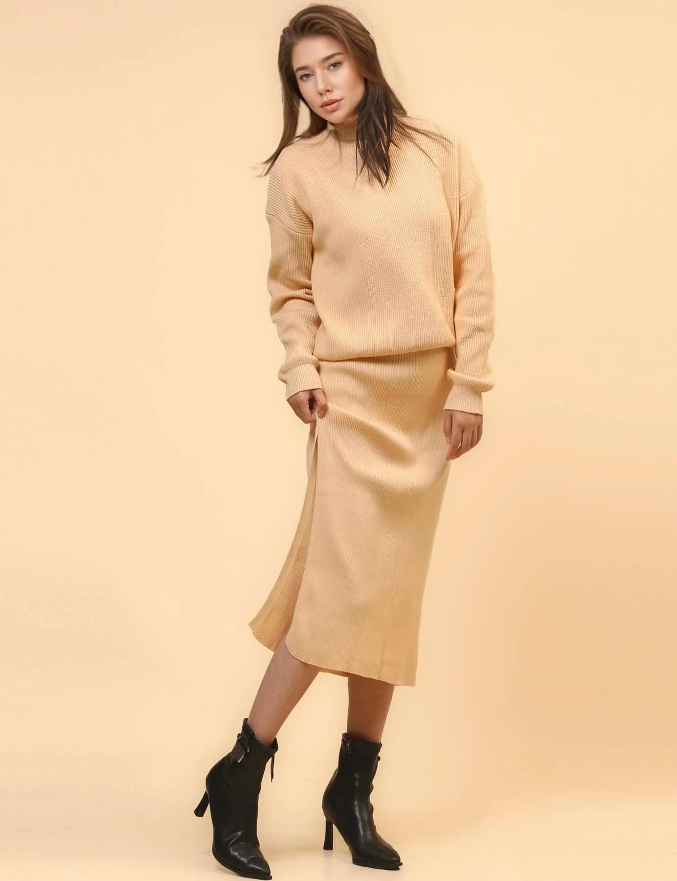 Ladies Turtleneck Pullover with Split Skirt Sweater Set SKST4706