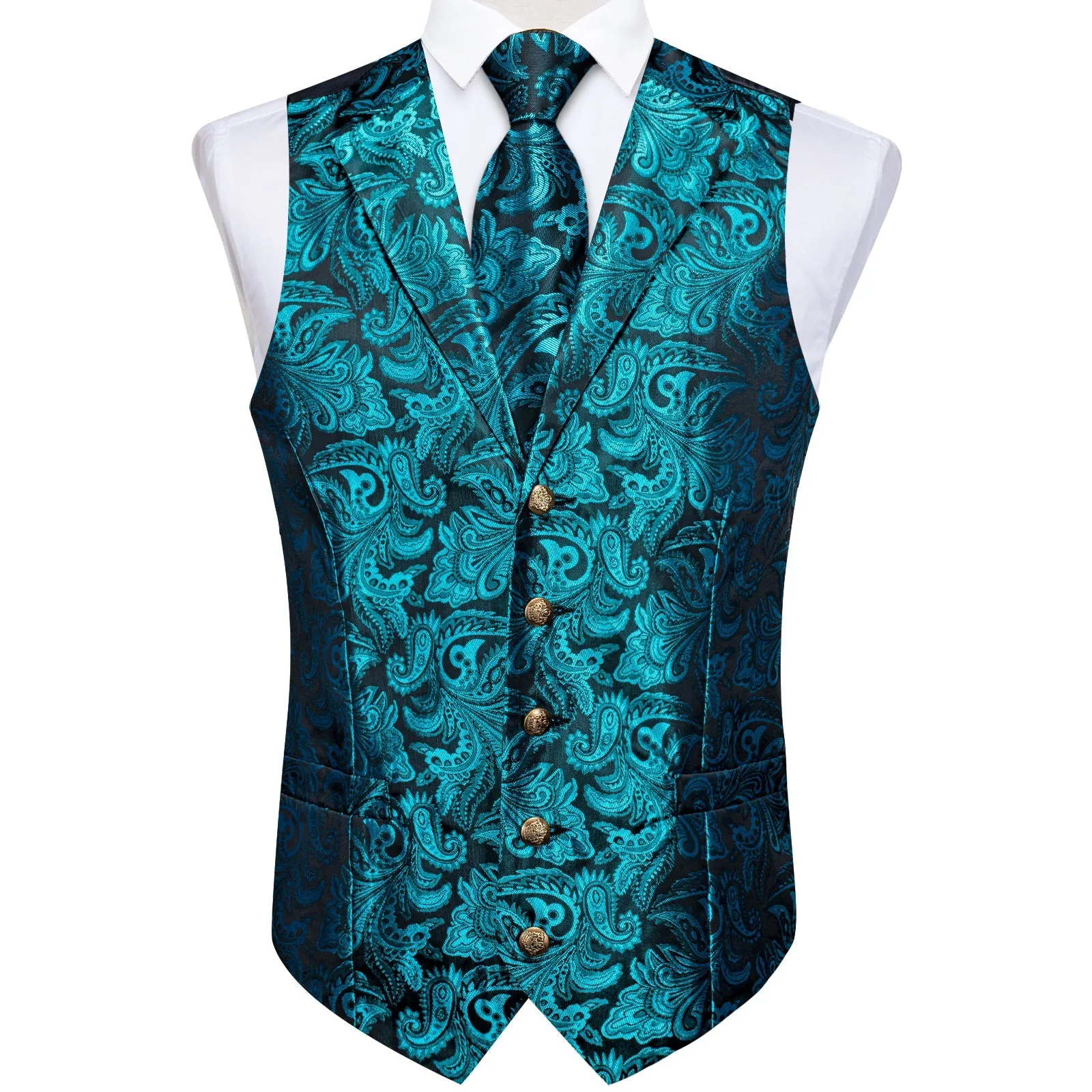 Lake Blue Paisley Men's Collar Vest Tie Hanky Cufflinks Set Waistcoat Suit Set