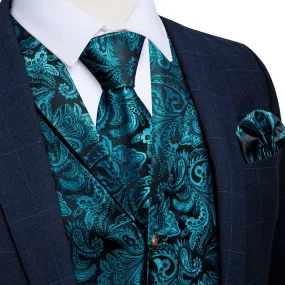 Lake Blue Paisley Men's Collar Vest Tie Hanky Cufflinks Set Waistcoat Suit Set