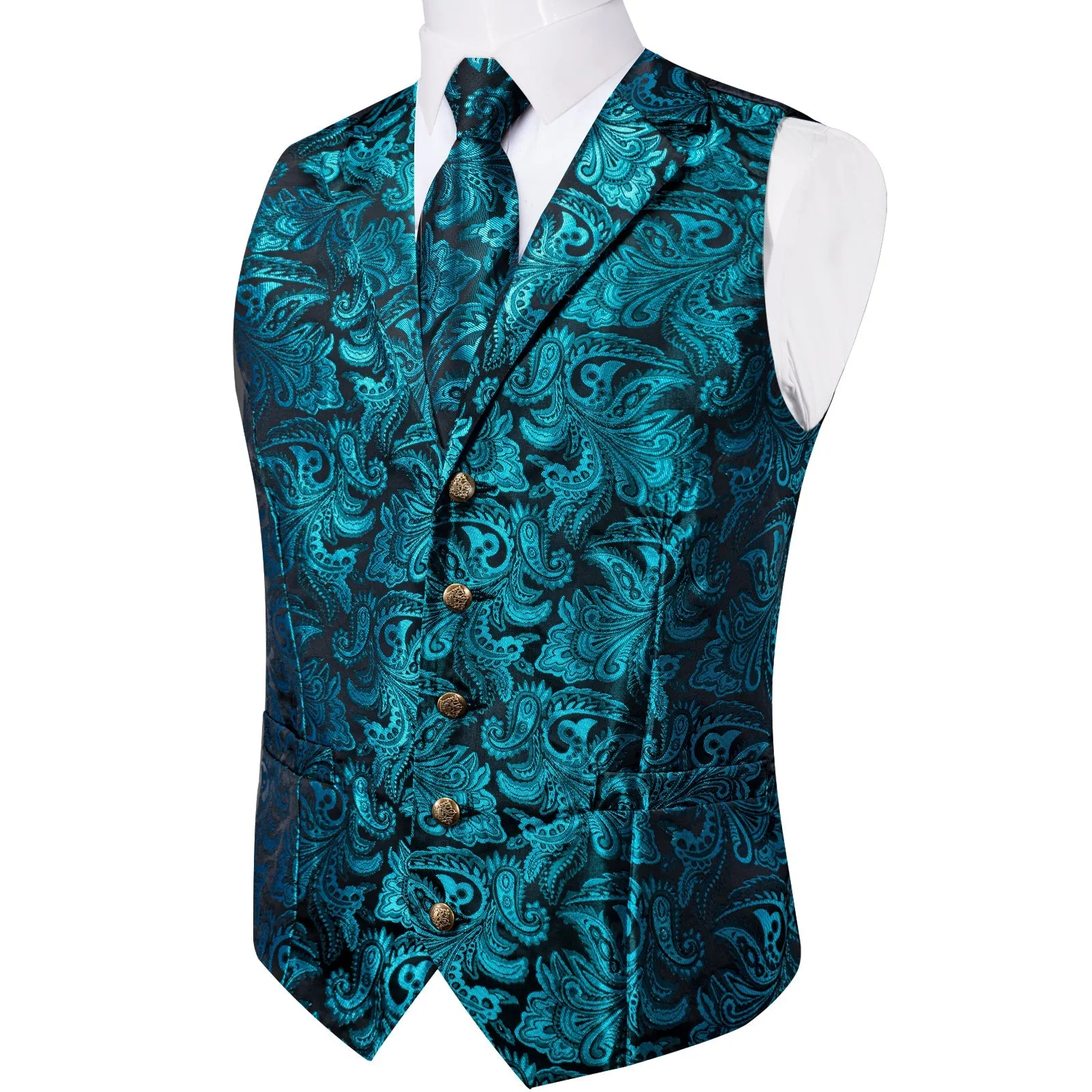 Lake Blue Paisley Men's Collar Vest Tie Hanky Cufflinks Set Waistcoat Suit Set