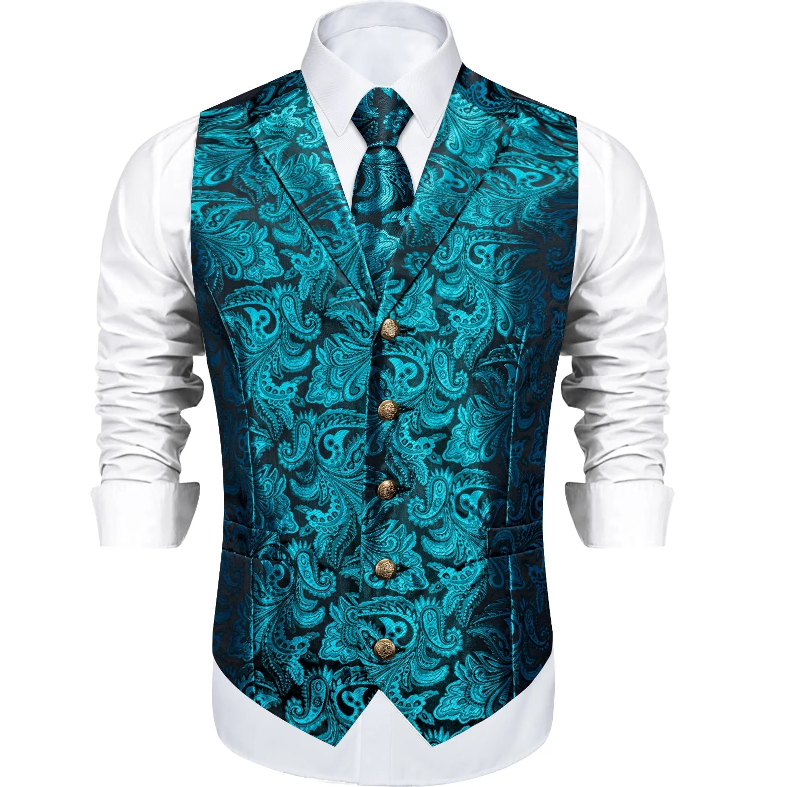 Lake Blue Paisley Men's Collar Vest Tie Hanky Cufflinks Set Waistcoat Suit Set